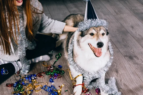 Chica pelirroja sonríe, celebra el nuevo año 2018, acaricia a su gran perro — Foto de Stock