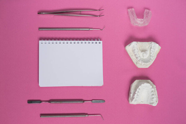 на розовой поверхности гипсовый слепок зубов, зубных инструментов и ноутбука
