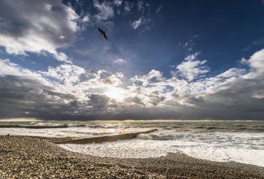 Gün batımında fırtınalı havalarda ıssız taş beach