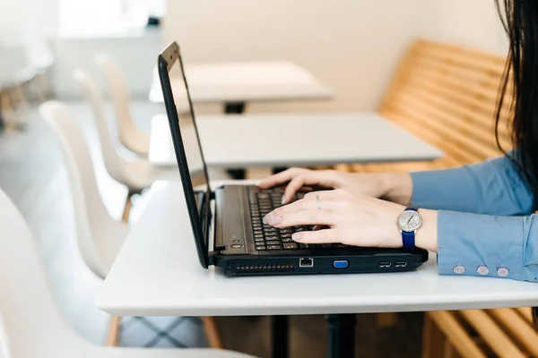 Черноволосая девушка в голубой рубашке, фрилансер, работает на ноутбуке — стоковое фото