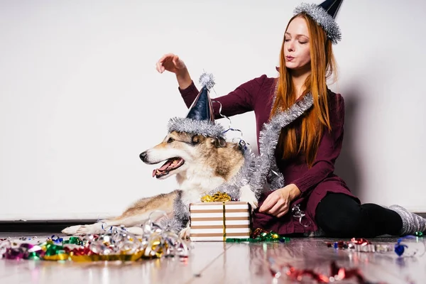 Девушка в новогодней кепке с собакой на фоне новогодних украшений и подарка — стоковое фото
