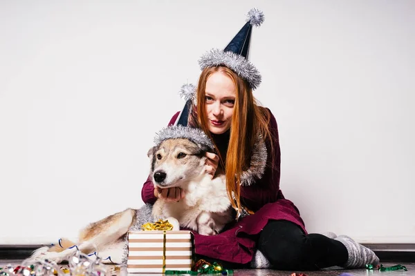 Young girl in a New Year costume with a dog on the background of a New Year's gift — Stock Photo, Image