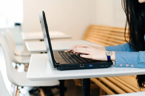 Freelancer menina morena em camisa azul trabalhando no laptop — Fotografia de Stock