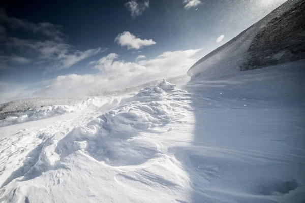 V daleko chladném severu hodně bílý sníh, mráz a modrá obloha — Stock fotografie