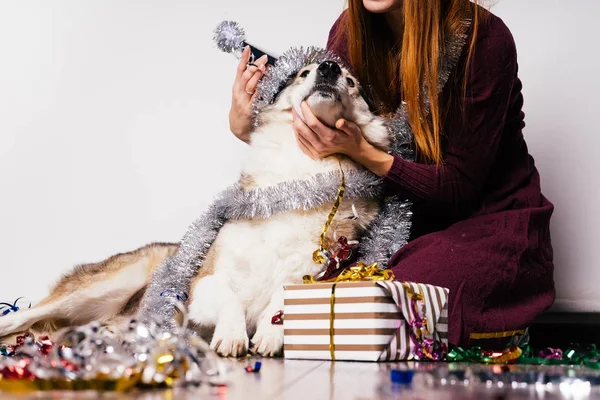 Девушка обнимает собаку в новогоднем костюме рядом с подарками — стоковое фото