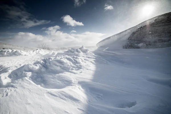 Snötäckta fält en solig vinterdag — Stockfoto