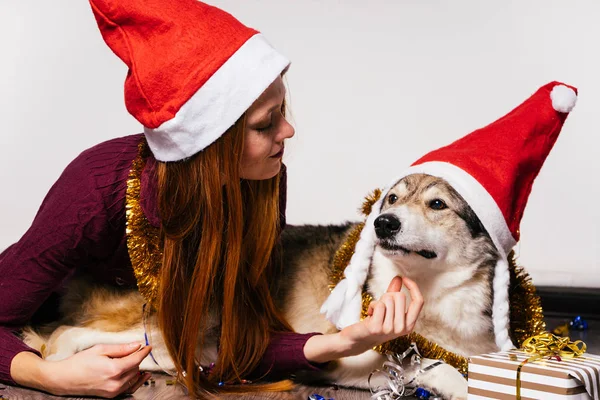 A woman in a New Year 's cap lies next to a dog — стоковое фото
