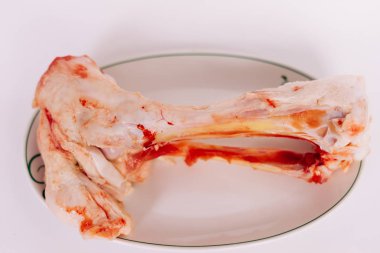 bir plaka üzerinde bir kemik beyaz bir arka plan üzerinde yatıyor