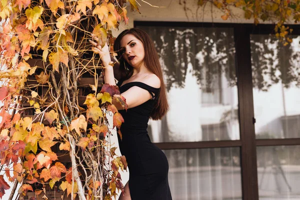 Sexy élégante jeune femme dans une robe noire posant, en plein air, profiter d'une vie riche et relaxante — Photo