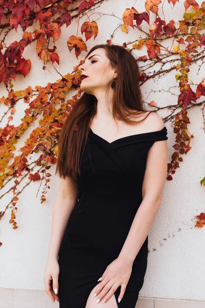 Beautiful long-haired girl in a black dress enjoys a rich life, walks through the park and poses against the wall — Stock Photo, Image