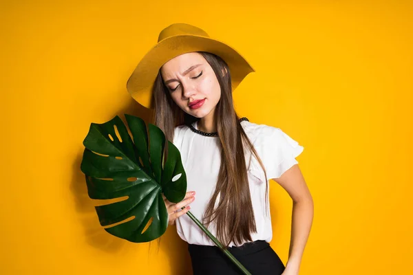 모자에 여자 그녀의 손을, 나머지에 녹색 잎을 보유 — 스톡 사진