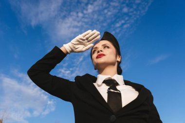 Uçuş görevlisi mavi gökyüzüne karşı üniformalı