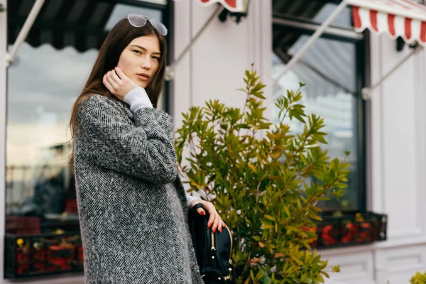 Mujer con estilo en abrigo gris, moda callejera — Foto de Stock