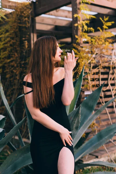 Rijke mooie vrouw met lange haren in de villa — Stockfoto