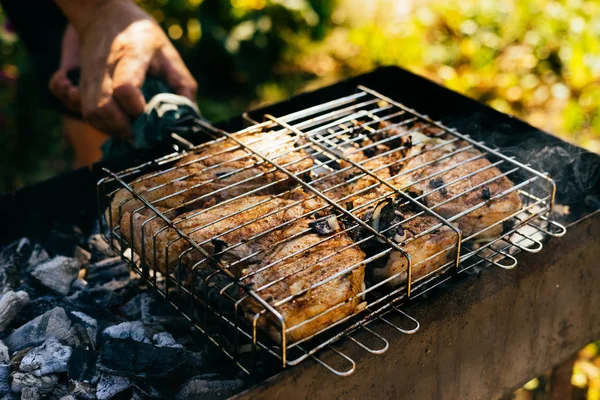 Homem em um piquenique na natureza cozinha um prato de carne shish — Fotografia de Stock