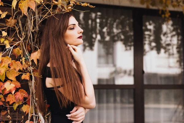 Lujoso chica de pelo largo en un vestido negro posando en un parque, al aire libre — Foto de Stock