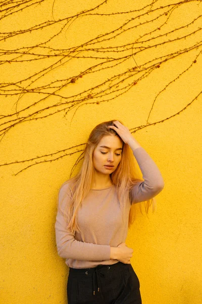 Elegante ragazza modello biondo in abiti alla moda in posa contro una parete gialla — Foto Stock