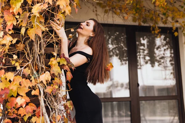 Mujer de pelo largo atractivo de lujo en un vestido negro posando en su parque, disfrutando y descansando — Foto de Stock