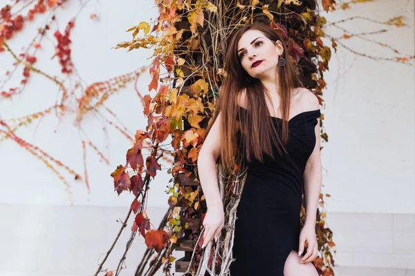 Luxuosa jovem de cabelos compridos em vestido preto posando em seu jardim, desfrutando e descansando — Fotografia de Stock