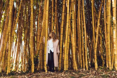 pembe bir ceket şık genç kadın, bir parkta bir bambu ağacı standları, bir bahar gününde yürür