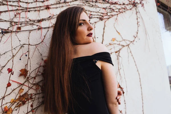 Mujer de pelo largo de lujo en un vestido negro posando contra una pared en su parque — Foto de Stock