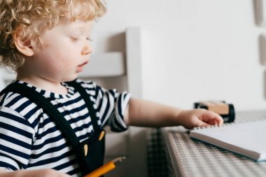 küçük sevimli kıvırcık saçlı çocuk bir defterde çizer, geliştirir