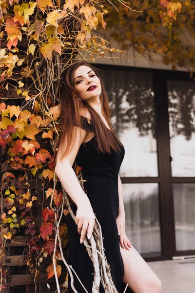 Lujosa chica de pelo largo en un vestido negro posando en su jardín, disfrutando de una vida rica — Foto de Stock