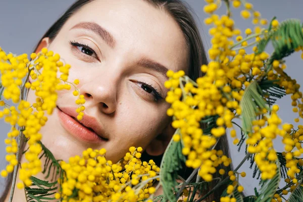 Bela mulher atraente olha para a câmera, detém uma mimosa primavera amarela — Fotografia de Stock