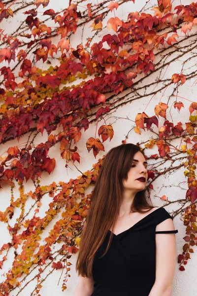 Mujer rica de pelo largo en un vestido negro posando contra la pared en su jardín, descansando, cerrando los ojos — Foto de Stock