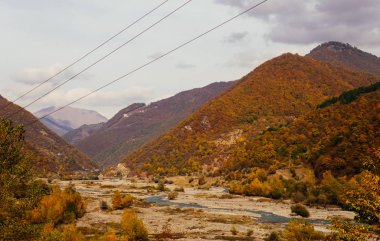 Turuncu-sarı ve okher renginde bitkilerle kaplı dağlar arasında bir dere vardır.