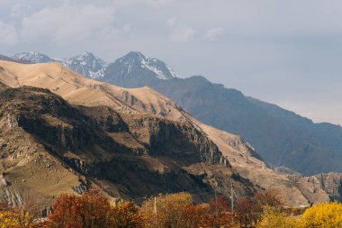 unusually beautiful mountains of earthy color and in front of them the vegetation is yellow-brown