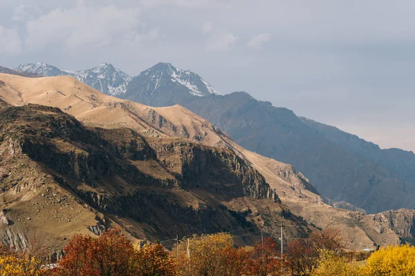 Unusually beautiful mountains of earthy color and in front of them the vegetation is yellow-brown — Stock Photo, Image