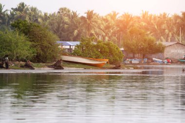 Bir balıkçı köyü okyanus, deniz kum, yeşil avuç içi araçları üzerinde