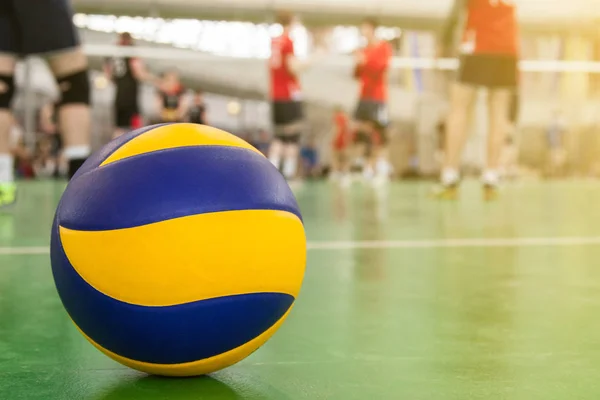 Voleibol Amarillo Azul Suelo Gimnasio Equipo Atletas Montón —  Fotos de Stock