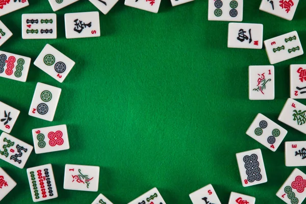 Azulejos Blanco Verde Para Mahjong Sobre Fondo Tela Verde — Foto de Stock