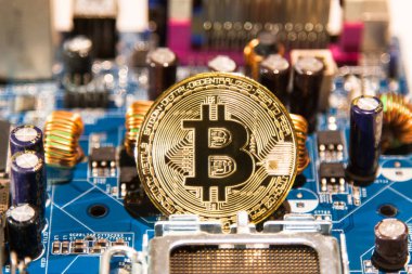 Altın sikke altın biraz bitcoin bir arka planda Mikri şemalar ve bilgisayar yedek parça