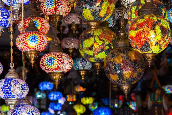 bright national Turkish lamps made of colored glass mosaic