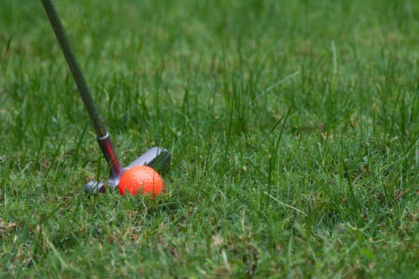 Orange Golf Ball Putter Green Grass — Stock Photo, Image