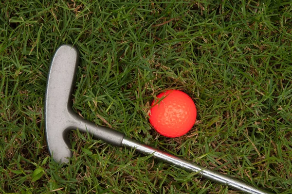 Orange Golf Ball Putter Green Grass — Stock Photo, Image