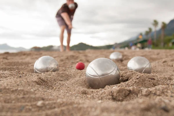 Praia Jogo Bocha Bolas Prata Brilhantes Para Bocha Areia — Fotografia de Stock