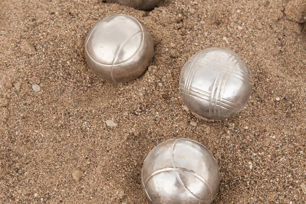 Plage Jeu Bocha Boules Argent Brillantes Pour Bocha Sur Sable — Photo