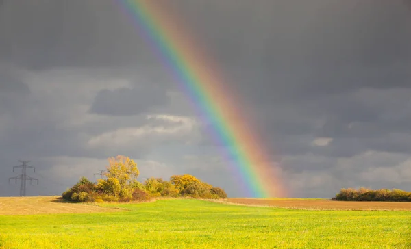 Arco-íris natural sobre o campo verde após a chuva — Fotografia de Stock