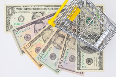Farklı bize Doları banknot ve boş alışveriş trolley. 