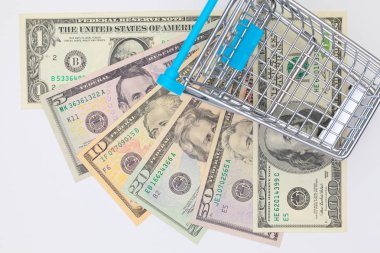 Farklı bize Doları banknot ve boş alışveriş trolley. 