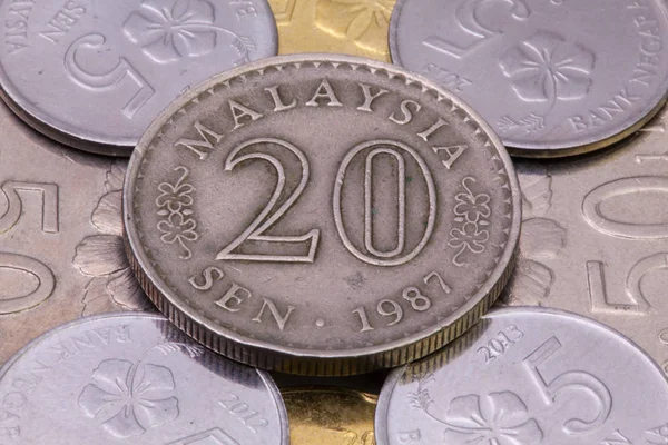 Detalhe de diferentes moedas de ringgit da Malásia — Fotografia de Stock