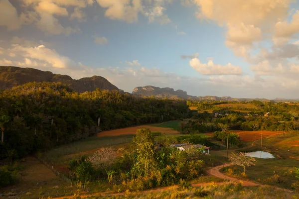 Célèbre Cuba terres agricoles zone de tabac au coucher du soleil, Vallée de Vinales, C — Photo