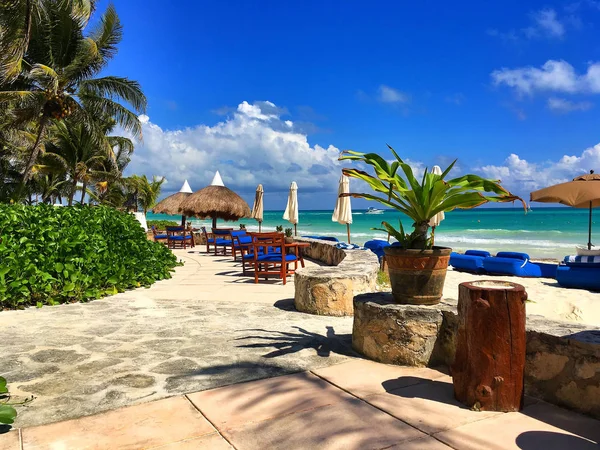 Luxus blaue Strandkörbe am leeren Strand, Mexiko — Stockfoto