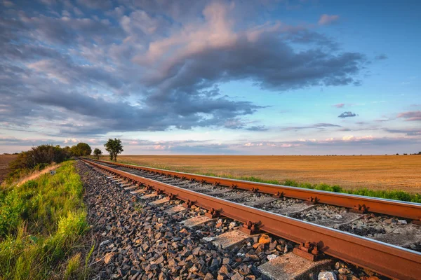Staré železniční tratě se táhnou přes pole na venkovskou obdoby — Stock fotografie