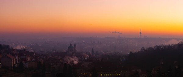 Prague, Capital City of Czech Republic. View from Strahov Monastery ar sunrise.