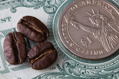 Kahve çekirdekleri ve Amerikan doları. Adil ticaret. Emtia ticareti. Taze kahve çekirdekleri. Kahve bir altın madenidir..